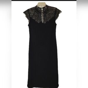 BCBGMAXAZRIA Black Midi Dress Size Lg High Victorian Gothic Yoke Keyhole Back